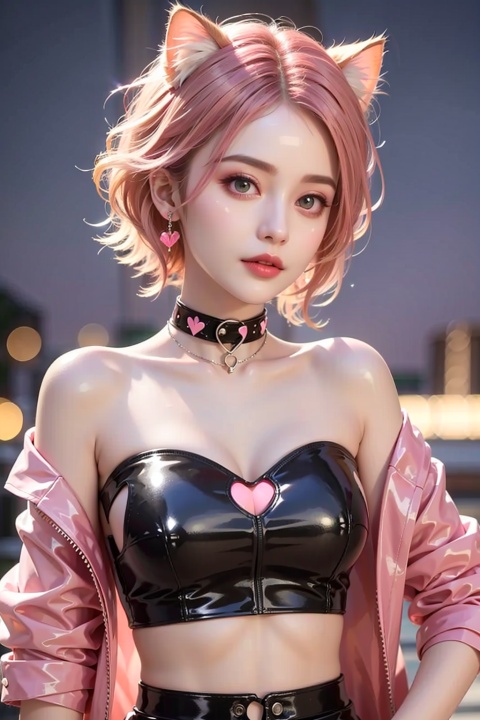  1girl, solo, animal ears, pink hair, short hair, pink eyes, tube top, choker, cat ears, Pink latex jacket, cleavage,breasts,, midriff, watermark, upper body, collar, heart, Tender and luminous face, Tight and elastic face, Cute ears, gradient hair, huliya, Tight latex clothing, Nebula