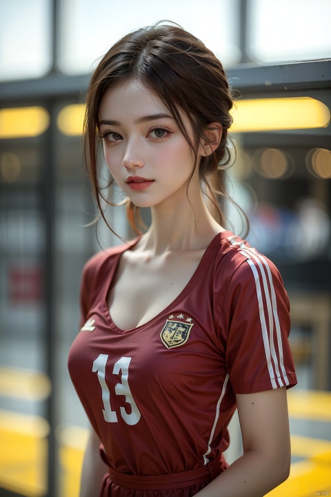 (masterpiece:1.2),1girl,pale_skin,realistic skin,chinese,
maroon soccer team jersey,
medium breast,cleavage,
messy hair,brown hair,
smile,
autumn,
