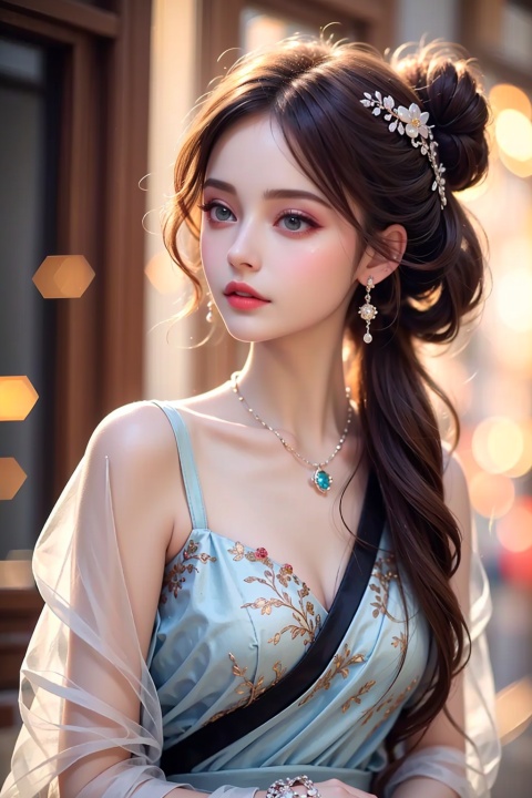  Realistic: 1.3, masterpiece, highest quality, high resolution, details: 1.2, 1 girl, Bun, hair clip, beautiful face, delicate eyes, diamond earrings, necklace, bracelet, Hanfu, elegant horseback riding, aesthetics, movie lighting, ray tracing, depth of field, layering, fluttering, Hanfu, purple gauze