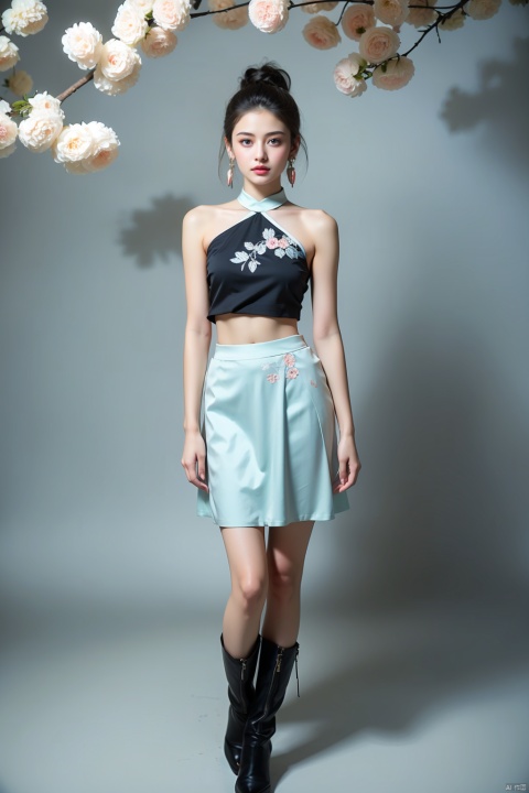 ,
xiaohuai is wearing a black bandeau top, with exposed shoulders, dark skin, black eyes, black moles under the eyes, short ear-length hair, blonde earrings, silver-white collar hanging cyan gemstones, light cyan translucent arm sleeves, dark blue woven ribbon waistband, gray short skirt, burgundy boots embroidered with pale yellow patterns, looking at the audience, full body, pink peony flowers, red flower bones, dark cyan leaves, pale cyan tree trunk, pale cyan background