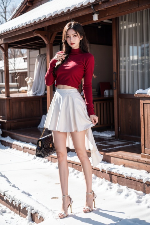  Full-body photos of a girl, red sweater, bare long legs, high heels, winter, realism, HD 16K, snow, winter