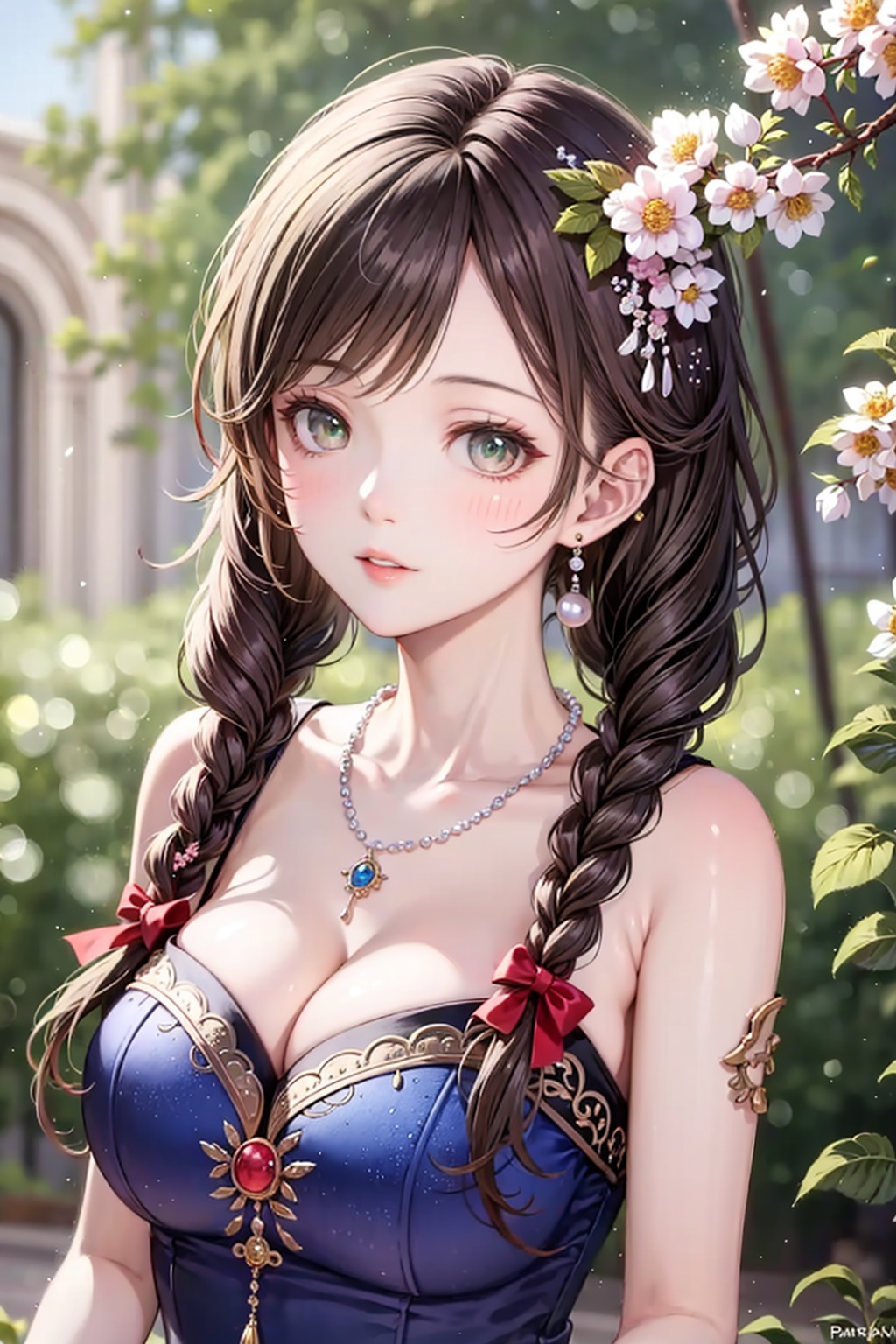  tm, 1girl, braid, twin braids, jewelry, solo, blurry background, branch, upper body, necklace, blurry, ribbon, long hair, hair ribbon, earrings, white ribbon, flower, brown hair, parted lips, dress, looking to the side, hair ornament, pearl necklace, black hair, bare shoulders, twintails, realistic, blue dress,moyou