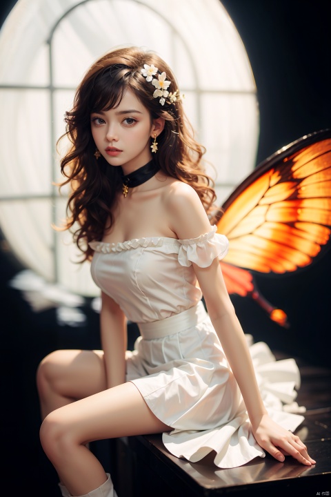 1girl,chibi,realistic,(Looking at the camera:1.3),solo,tall,curvy,glamor,wings,long hair,jewelry,butterfly wings,fire,backlighting,(White short skirt:1.4),hair ornament,flower,black hair,hair flower,boots,bare shoulders,full body,cross-laced footwear,detached collar,detached sleeves,fairy wings,black footwear,strapless,short sleeves,frills,lips,bangs,braid,web address,puffy sleeves,puffy short sleeves,depth of field,strapless dress,absurdres,incredibly absurdres,((black_background)),simple_background,,