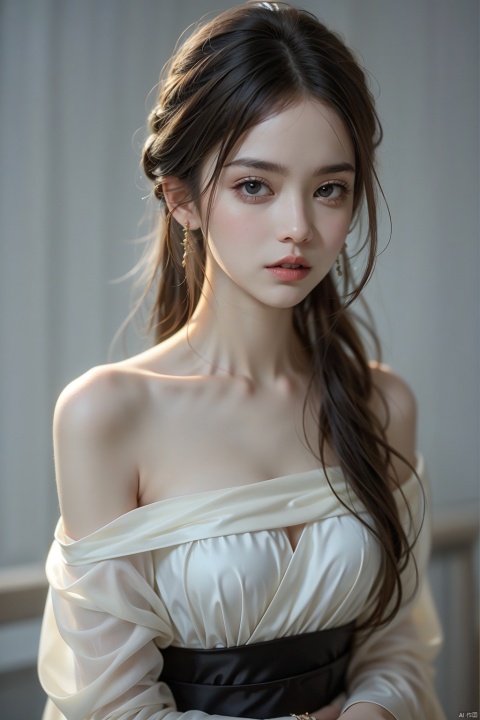 1girl,solo,black hair,long hair,realistic,looking at viewer,simple background,grey background,bare shoulders,lips,black eyes,fully body,off shoulder,hanfu,