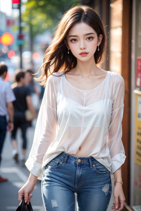 16K,best quality,raw photo,the image features a Chinese woman standing,(beautiful face, perfect fave),looking at viewers,wearing a white open shirt and dark gray jeans. She is posing for a picture,and her hair is blowing in the wind. The woman appears to be confident and stylish,showcasing her outfit and the casual yet fashionable vibe of her attire.,sexy,medium chest,see-through,