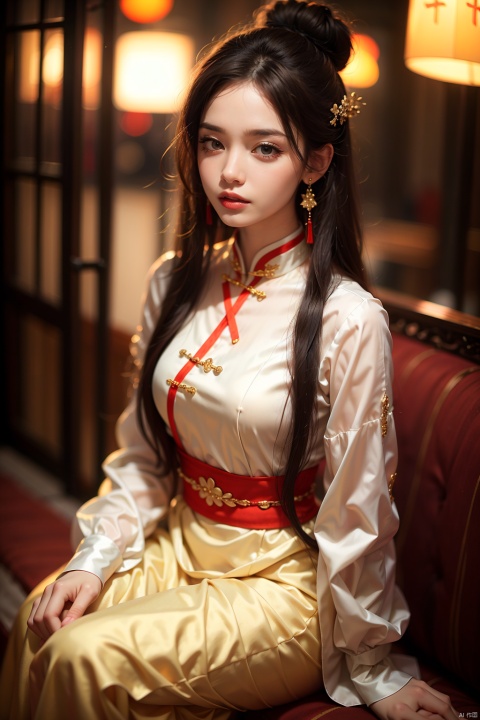 1girl, solo, long hair, looking at viewer, black hair, hair ornament, long sleeves, jewelry, sitting, earrings, hair bun, chinese clothes, single hair bun, red lips, hanfu