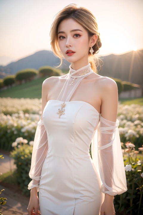  (masterpiece, best quality), natural soft light, (1girl), brown eyes, blonde color hair, standing in the field, strapless white dress, surrounded by white smoke, wide-angle lens, lens flare, ultra high definition, high resolution, very detailed, best quality, clear theme, ultra-realistic and ultra-detail,(ribs:1.29),yunbin,DUNHUANG_CLOTHS,YUNY,wlqc,black pantyhose, chang,long sleeves, bachong, depth of field