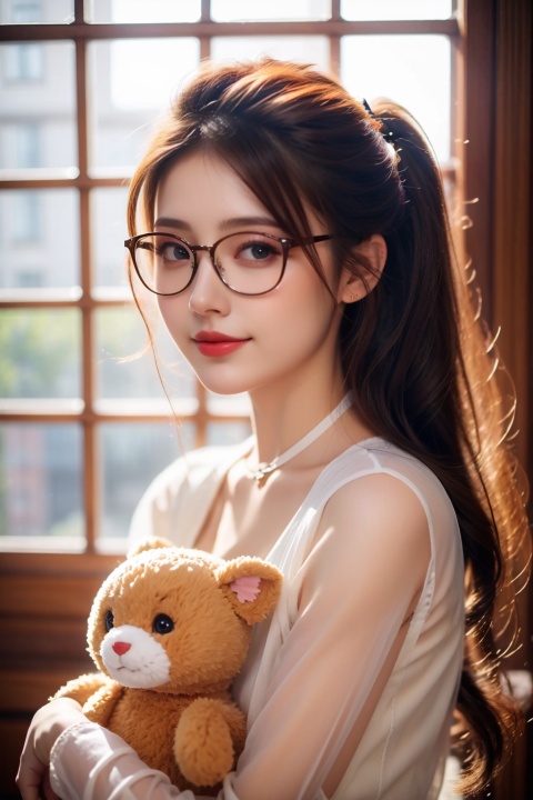  cute girl,1girl, glasses, brown hair, solo, stuffed toy, long hair, stuffed bunny, one eye closed, indoors, stuffed animal, looking at viewer, long sleeves, smile, rabbit, window, curtains, bow, artist name, cute girl,photorealistic, hand101, 1girl