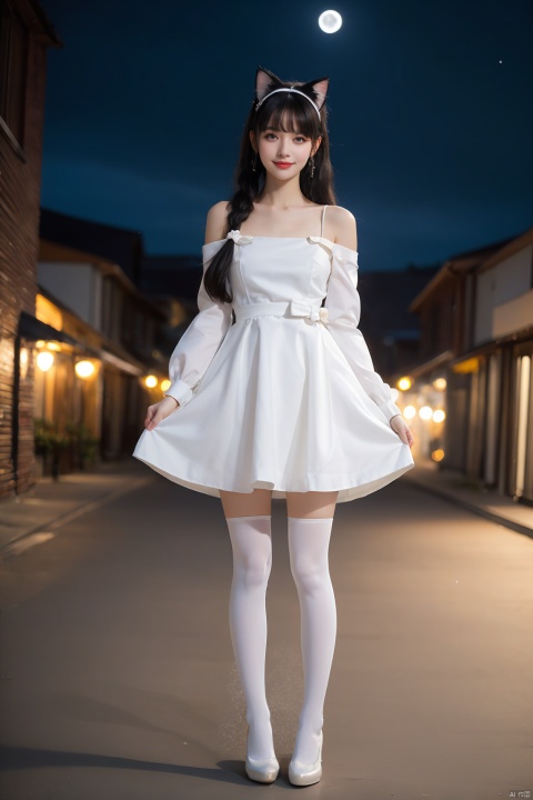 girl, solo, long hair, breasts, looking at viewer, blushing, smiling, bangs, blue eyes, hair decoration, long sleeves, dress, bow, animal ears, twin tails, standing, purple eyes, full body, white hair, pantyhose, outdoor, sky, shoes, cat ears, black shoes, white clothes, animal ear fluff, black pantyhose, night, animal, moon, cat, cat girl, night sky, snow, full moon, best quality