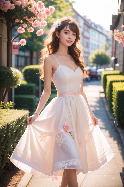  1girl, long hair, dress, solo, blonde hair, blue eyes, looking at viewer, bangs, high heels, frills, ribbon, flower, hair ribbon, pink flower, outdoors, pink dress, smile, bare shoulders, frilled dress, white dress