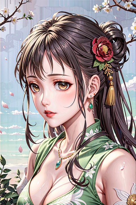  1girl,black hair,branch,breasts,brown eyes,cherry blossoms,chinese clothes,cleavage,day,earrings,floral print,flower,hair flower,hair ornament,hanfu,jewelry,lips,long hair,makeup,medium breasts,nose,petals,pink flower,realistic,solo,spring \(season\),tree,,moyou