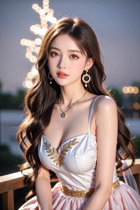  1girl,Bangs, off shoulder, colorful_hair, ((colorful hair)),golden dress, yellow eyes, chest, necklace, pink dress, earrings, floating hair, jewelry, sleeveless, very long hair,Looking at the observer, parted lips, pierced,energy,electricity,magic,tifa,sssr,blonde hair,jujingyi, Nebula, Hanama wine