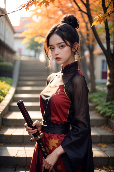 1girl, solo, long hair, looking at viewer, black hair, hair ornament, holding, standing, weapon, outdoors, sword, wide sleeves, hair bun, holding weapon, tree, leaf, holding sword, chinese clothes, katana, stairs, realistic, autumn leaves, maple leaf, autumn, falling leaves