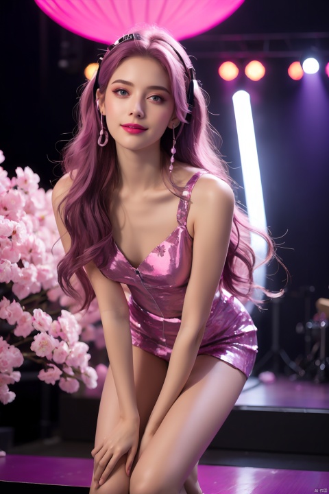 fluffy hair,long floating hair,(super long hair),shiny pink hair,shiny hair,1 girl,alone,long hair,blue eyes,(pink hair),pink hair,looking at the audience,smiling,make-up face prints,purple hair,colored hair,thighs,outdoors,full body ((masterpiece)),(((best quality))),((ultra-detailed)),((illustration)),A lot of waving glow sticks,Stage,Concert,(solo),1 girl,((singing)),headset,(leaning_forward:1.2),(arms_behind_back),((extremely_detailed_eyes_and_face)),colorful,Tokyo Dome,ray tracing,(disheveled hair),cherry_blossoms,petals,Flying notes,