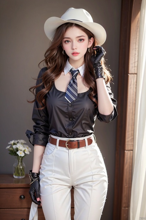  geya,1girl,gloves,hat,solo,shirt,pants,blue pants,brown hair,belt,adjusting clothes,white shirt,necktie,cowboy hat,black headwear,holster,collared shirt,brown eyes,red necktie,looking at viewer,striped,thigh strap,buckle,sleeves rolled up,black footwear,belt buckle,brown gloves,breasts,adjusting gloves,medium hair,(raw photo:1.2),((photorealistic:1.4))best quality,masterpiece,illustration,an extremely delicate and beautiful,extremely detailed,CG,unity,8k wallpaper,Amazing,finely detail,masterpiece,best quality,official art,extremely detailed CG unity 8k wallpaper,absurdres,incredibly absurdres,huge filesize,ultra-detailed,highres,extremely detailed,beautiful detailed girl,cinematic lighting,1girl,pale skin,tall female,(perfect body shape),skinny body,Slender legs, depth of field