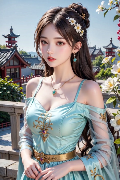  1Girl, nangongwan,(medium breasts:),((upper body:0.7)),half body photo, female solo, depth of field,china_dress,earrings,jewelry, jujingyi,(best quality),((masterpiece)),(highres), original, (extremely detailed 8K wallpaper), overexposure,1girl,(medium breasts),(an extremely delicate and beautiful),(Beautiful and detailed eye description),(Beautiful and detailed facial depiction),(solo),(upper body),Rainskirt,hair ornament, necklace, jewelry,earrings,chinese style architecture,wavy hair,messy hair,swept bangs,masterpiece, best quality, 1girl,solo,flower,hair bun,hanfu,water,bare shoulders,black hair,chinese clothes,off shoulder,dress,long sleeves,hair ornament,branch,single hair bun,white flower,leaf,red lips,jewelry,(complex background),(gorgeous costume:1.1),(flowers surround thepicture:1.2)