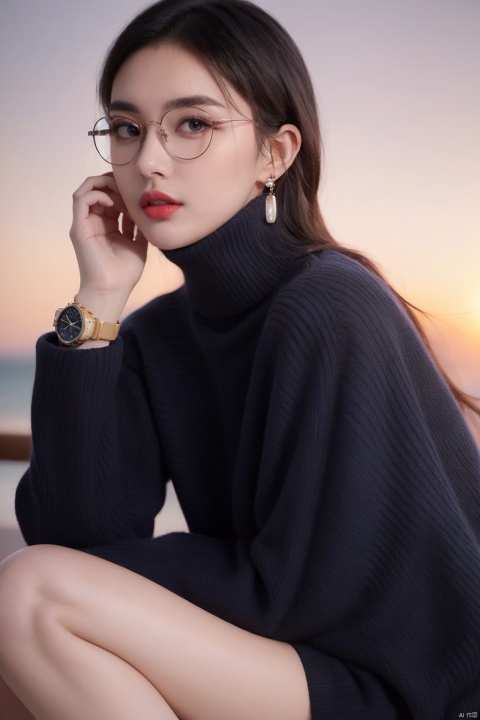 a drawing of a woman wearing glasses ,random hair style,beautiful detailed eyes,random uniform, sunset, random view,jewelry, solo, earrings, watch, glasses, gradient, wristwatch, a character portrait ,sitting, leaves, long sleeves, red lips, realistic