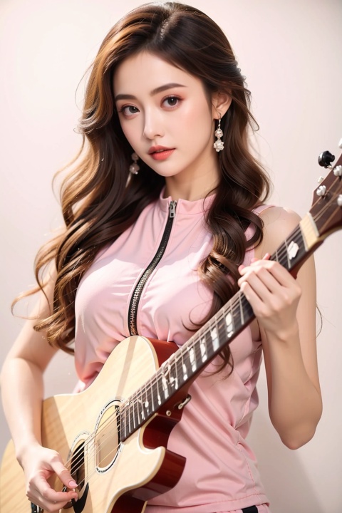  1girl,loli,gotou hitori,pink tracksuit,white background,Play the guitar