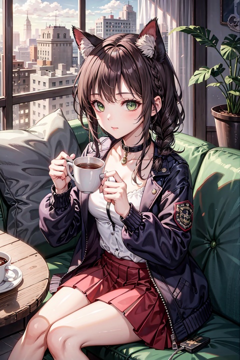  1girl, animal, animal_ears, blue_jacket, braid, cat, cat_ears, closed_mouth, couch, cup, green_eyes, holding, holding_cup, jacket, long_hair, long_sleeves, mug, pillow, sitting, solo, table