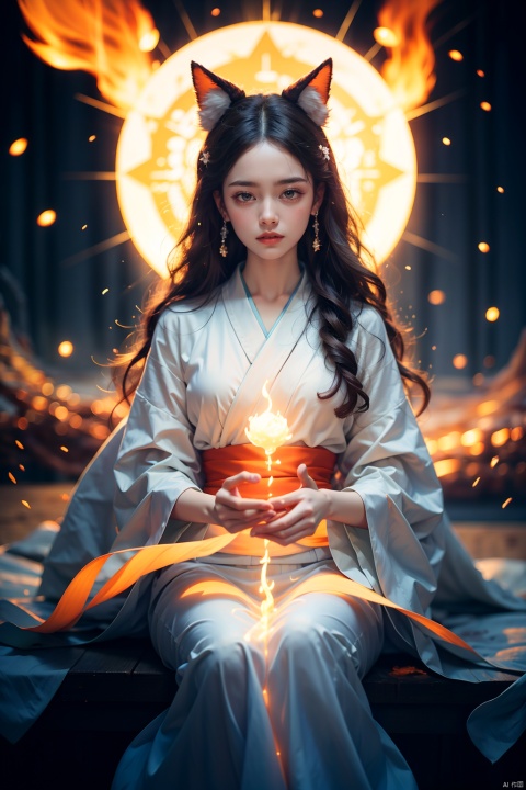 Spiritual Guidance,a beautiful Kitsune woman wearing white kimono with nine white tails casting glowing magic spells,Glowing light blue magic circle,Glowing magic effects,orange lightings,flames,dark background,particle effects,highly detailed,ultra-high resolutions,32K UHD,best quality,masterpiece,