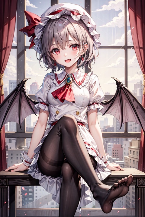  1girl, solo, remilia scarlet, hat, wings, mob cap, no shoes, sitting, pantyhose, dress, bat wings, red eyes, red ascot, smile, short sleeves, white pantyhose, puffy sleeves, wrist cuffs, collared dress, looking at viewer, short hair, ascot, open mouth, feet, puffy short sleeves, blush, fang, frills, hair between eyes, chair, crossed legs, bangs, jewelry, hat ribbon, white dress, soles, eyes visible through hair, foot focus, white headwear, red ribbon, ribbon, curtains, pink dress, toes
