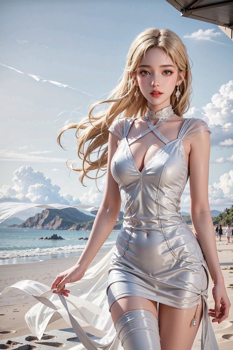  best quality,1girl, half body, earrings, wind blonde hair, (translucent white gauze dress:1.5), beach,blonde hair, 1girl