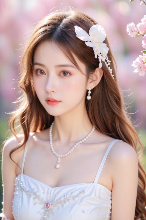  quality,8K,extremely complex details,1girl,lolita,careful eyes,looking_at_viewer,butterfly,gradient art,in the flower cluster,(rose:1.1),sky,(white cloud:0.9),full_shot,necklace,pearls andjewels,, 1girl,moyou
