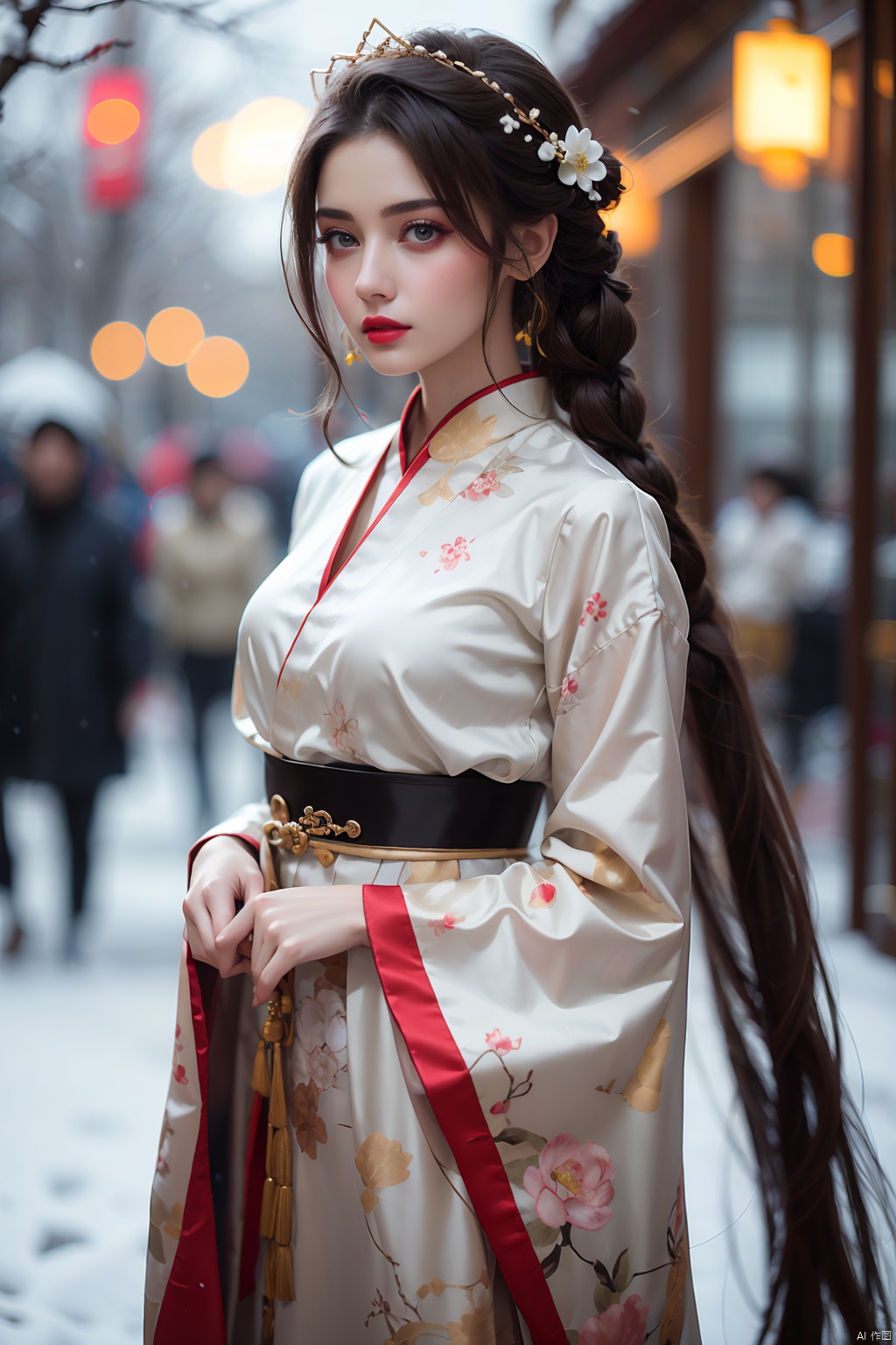 Beauty Faces Three-dimensional Face If Peach Blossom Long Hair Graceful Hanfu Headwear Beautiful Face Fall,beautiful face,perfect face,beautiful big eyes,high quality,side light,long hair,graceful and moving,red lips,shallow smile,big braid,cross necklace,black Chinese clothing,gold belt,flower rain,winter,snow day,desert,palace,