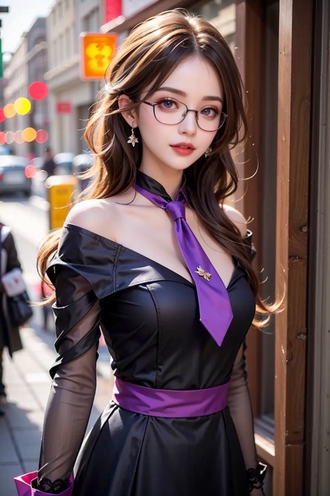  1girl, black_dress, breasts, dress, eyebrows_visible_through_hair, glasses, hair_over_one_eye, hood, hoodie, jacket, looking_at_viewer, mash_kyrielight, necktie, off_shoulder, open_mouth, purple_eyes, purple_hair, red_necktie, smile, solo