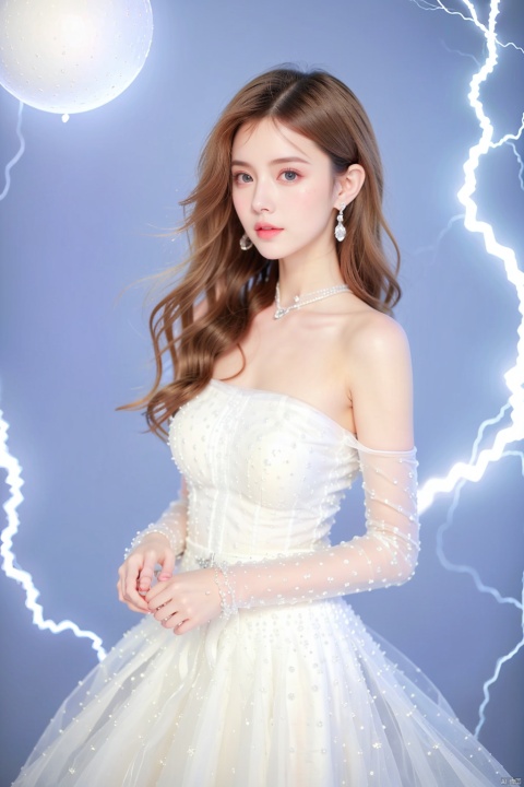  1girl,Bangs, off shoulder, (white hair), (naked), blue eyes, chest, earrings, dress, earrings, floating hair, jewelry, (orb),Crystal ball, magic ball,sleeveless, short hair,Looking at the observer, parted lips, pierced,energy,electricity,magic, tutututu,moyou