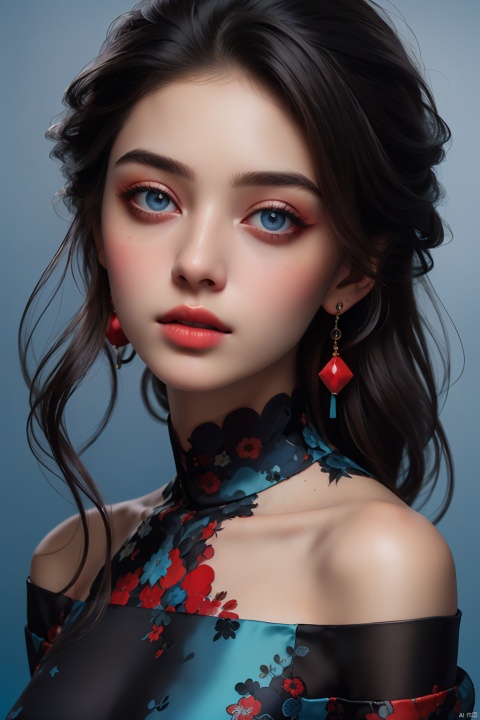 realism, portrait, moyo,1girl,solo exhibition, beautiful face, delicate eyes, off-the-shoulder gauze dress, ((red background, blue background, gradient background,))
