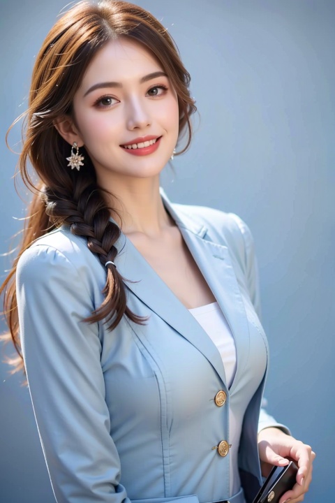  1girl,masterpiece,best quality,ultra high res,(30 y.o.),(photorealistic:1.4),business suit,(blue background:1.3),identification photo,(straight-on:1.2),smlie, depth of field