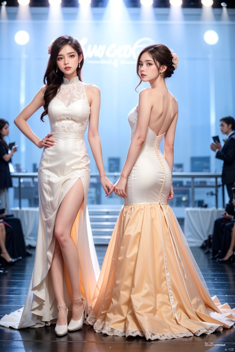 1girl,(slender figure:1.3),standing,wedding_dress,(lace:1.1),pumps,nude legs,fashion show,(full body:1.1),catwalk,