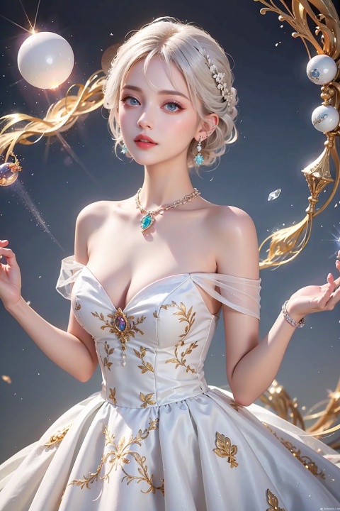  1girl,Bangs, off shoulder, (white hair), (naked), blue eyes, chest, earrings, dress, earrings, floating hair, jewelry, (orb),Crystal ball, magic ball,sleeveless, short hair,Looking at the observer, parted lips, pierced,energy,electricity,magic, tutututu, depth of field