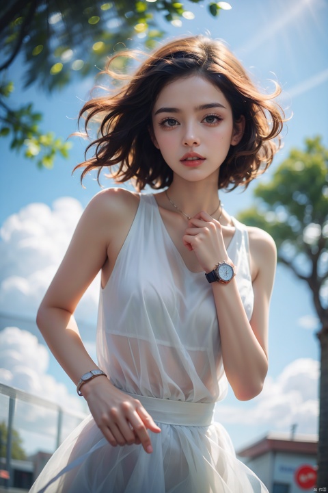 High quality,illustrations,watercolor:0.5,1girl,the movement style,run,a dog,one arm to wear sports watches,clouds,in the face of lens,the tree,the outdoors,cheerful candy \(module\),