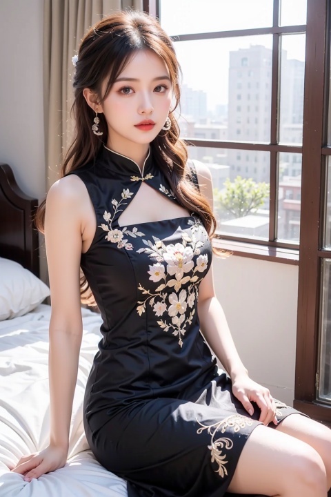  A girl,4k,Best quality, sitting on the bed,Best quality,Perfectly proportioned,Anatomically correct, black chinese clothes, black dress,Embroidered dress, 1girl