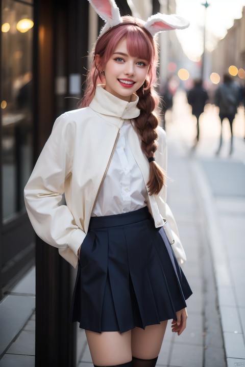 masterpiece,best quality,extremely detailed,detailed background,detailed face,1girl,heterochromia,skirt,pink hair,scarf,blue eyes,braid,twin braids,animal ears,smile,rabbit ears,food,pleated skirt,rabbit,red eyes,open mouth,solo,long sleeves,doughnut,blue skirt,bangs,long hair,white shirt,shirt,:d,looking at viewer,teeth,jacket,confetti,bow,fake animal ears,>_<,upper teeth only,ribbon,open clothes,white jacket,sleeves past wrists,heart,