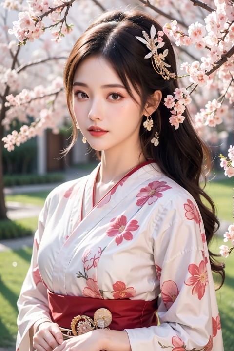  1girl, cherry blossom tree, pink flowers, springtime, park setting, kimono dress, traditional Japanese hairstyle, porcelain skin, serene expression, tranquility and grace, photo of a cute 24 years old geisha girl, artistic shot, warm colors, cultural heritage, cute face, looking at viewer