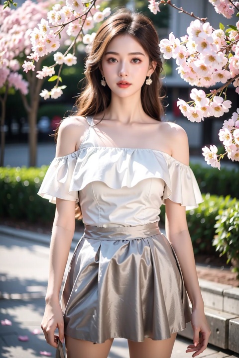  best quality,masterpiece,highres,(8k:0.9),beautiful and aesthetic,offical art, 
1 girl,long hair,Off Shoulder,Short skirt,(sideways:0.8),shiny skin,Standing under the cherry blossom tree,chiaroscuro,(photorealistic:1.4), tutututu