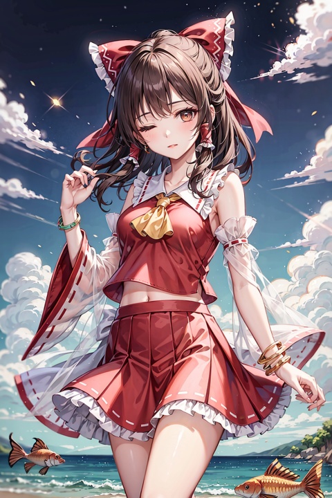  1girl, alternate_costume, bangs, bare_shoulders, bow, bracelet, brown_eyes, brown_hair, contemporary, fish, frilled_bow, frills, full_body, goldfish, hair_bow, hair_tubes, hakurei_reimu, jewelry, long_hair, looking_at_viewer, one_eye_closed, red_bow, red_skirt, ribbon_trim, see-through, skirt, solo, wide_sleeves