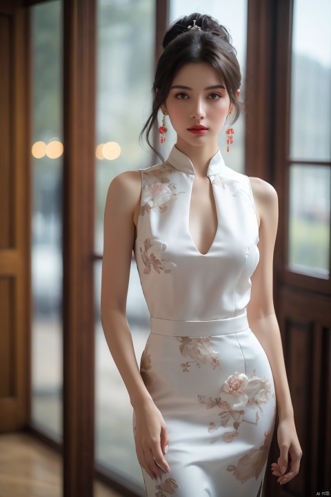 (best quality:1.4),(masterpiece:1.4),(photorealistic:1.4),(Realistic:1.2),(ultra high res, raw photo:1.4),(hdr, hyperdetailed:1.2),(8K:1.2),see-through chinese clothes,cinematic photo 1girl,Standing,full body,hair ornament,jewelry,earrings,solo,hair bun,long hair,black hair,white dress,flower,single hair bun,hair flower,White jade carving,