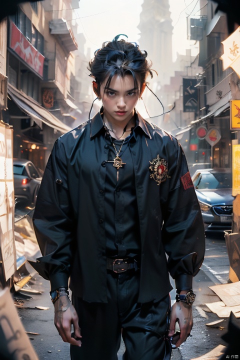Boy, exorcist wizard, warrior head, hair tied up, dark blue shirt, sleeves rolled up, black suit pants, wearing big headphones, eyes looking forward, hands clasped on the chest, wearing a sports outdoor watch on his right hand

