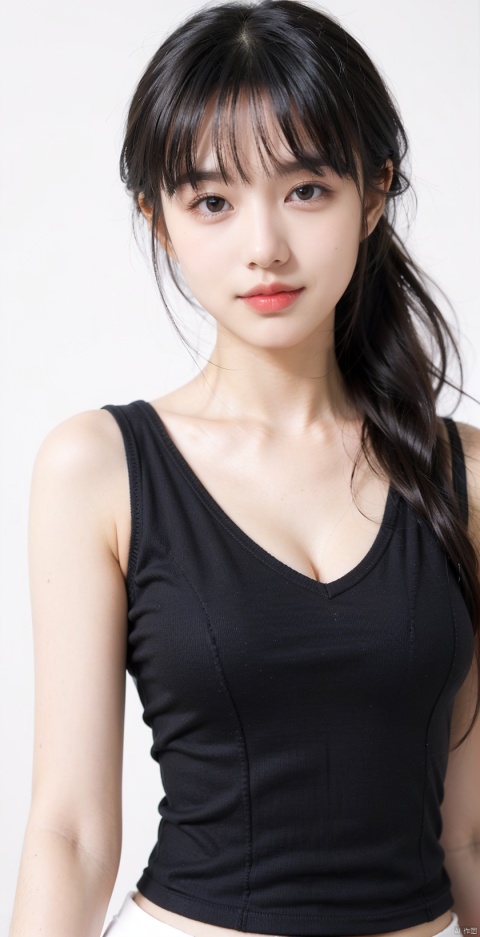 1girl, 16 years old, black hair, long hair, (smile:0.6), halfway hairstyle,cleavage,(Black camisole vest), Tight fitting clothing, V-neck, medium chest,
solid_background, white_background, , 1girl