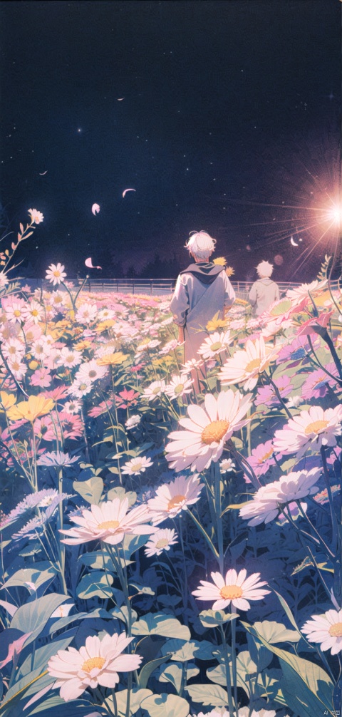  (official art, 8k wallpaper, ultra detailed, High quality, best quality),white flowers ,1boy, male focus, white hair ,vintage filter,among flowers, backlight,limited_palette,white,field s of flowers, lhj,bright light, sboe, Close range