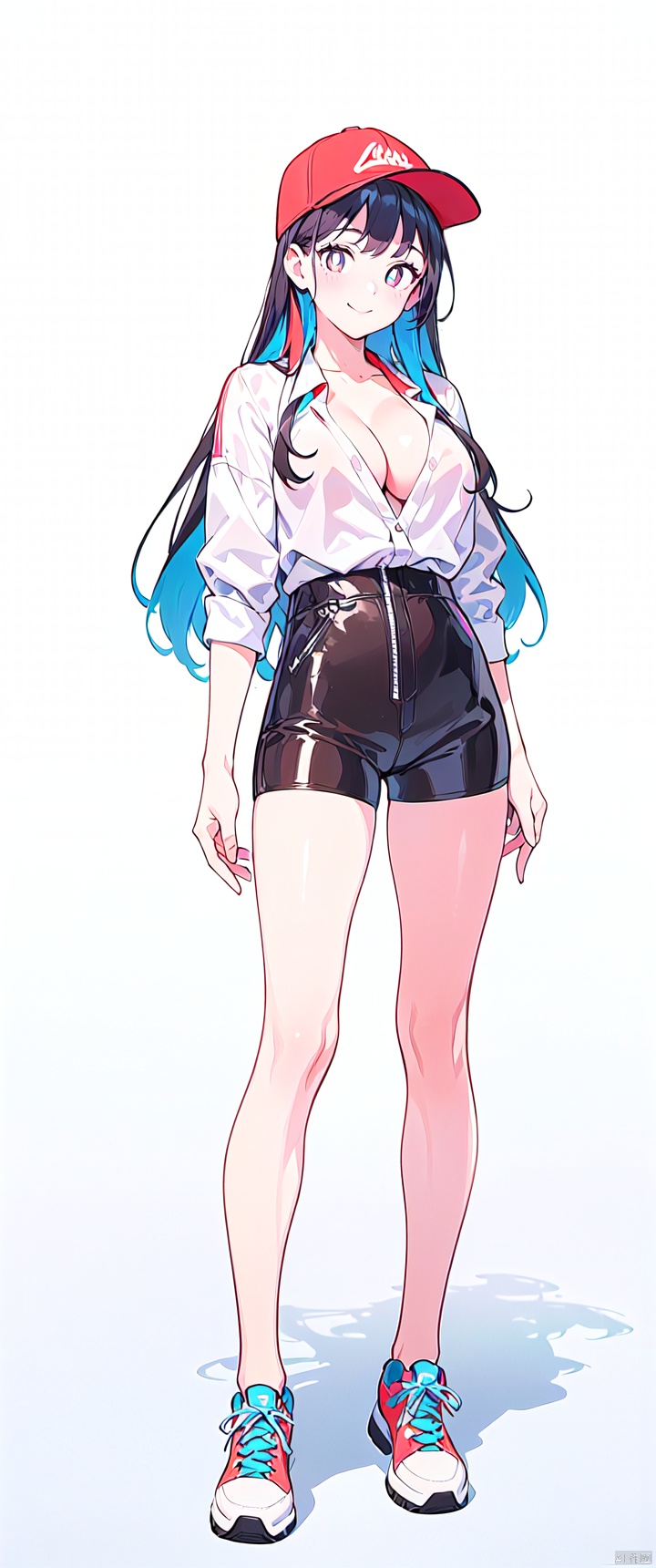  ((masterpiece)), (highres), original, extremely detailed, illustration, (best quality)
1girl, full body, solo, standing, looking at viewer, black blue hair, long hair, white pupils, multicolored eyes, bright pupils, smile, closed mouth, white shirt, cleavage, Brown baseball cap, Brown braces, long legs, sneakers, simple background, white background, 