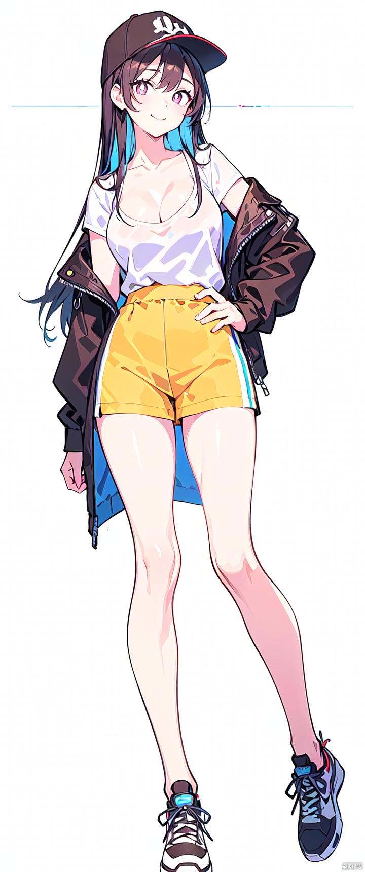  ((masterpiece)), (highres), original, extremely detailed, illustration, (best quality)
1girl, full body, solo, standing, looking at viewer, black blue hair, long hair, white pupils, multicolored eyes, bright pupils, smile, closed mouth, white shirt, cleavage, Brown baseball cap, Brown braces, sneakers, simple background, white background, 
