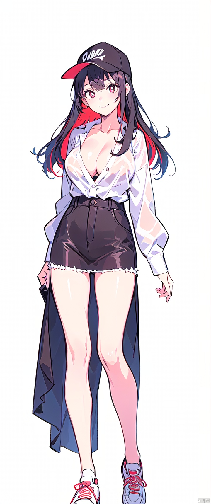 ((masterpiece)), (highres), original, extremely detailed, (Top view:0.8), illustration, (best quality)
1girl, full body, solo, standing, looking at viewer, black blue hair, long hair, white pupils, multicolored eyes, bright pupils, smile, closed mouth, white shirt, cleavage, Brown baseball cap, Brown braces, sneakers, simple background, white background, backlight