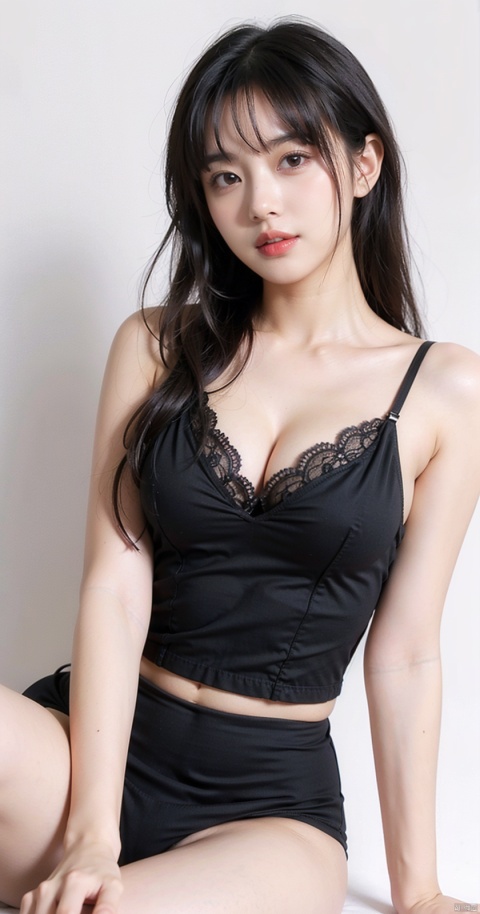 1girl, (smile:0.6), black hair, long hair, (mellow and full chest), cleavage, (black_camisole), V-neck, (black_lace_thong:1.2), Showing waist, navel, solid background, white_background, 