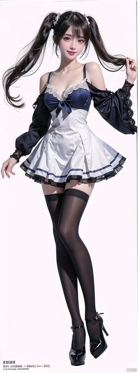  Masterpiece,High Resolution,official art,
1girl,18yo,full body,standing, (smile), bare shoulders,(blue_dress),V-neck, lace edge,The skirt fits the curves of the body,black pantyhose,high heels,big chest,twintails,white background, simple background, sssr, Hourglass body shape