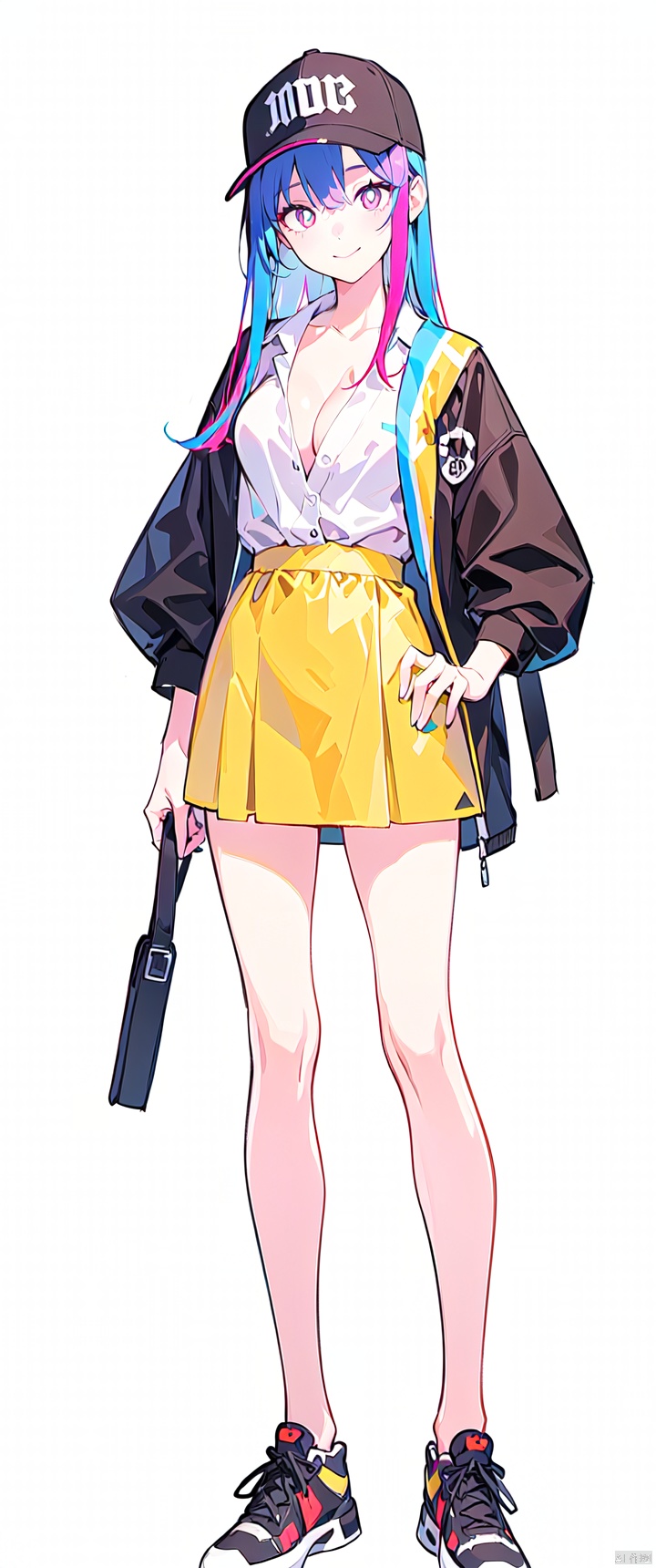  ((masterpiece)), (highres), original, extremely detailed, illustration, (best quality)
1girl, full body, solo, standing, looking at viewer, black blue hair, long hair, white pupils, multicolored eyes, bright pupils, smile, closed mouth, white shirt, cleavage, Brown baseball cap, Brown braces, long legs, sneakers, simple background, white background, 